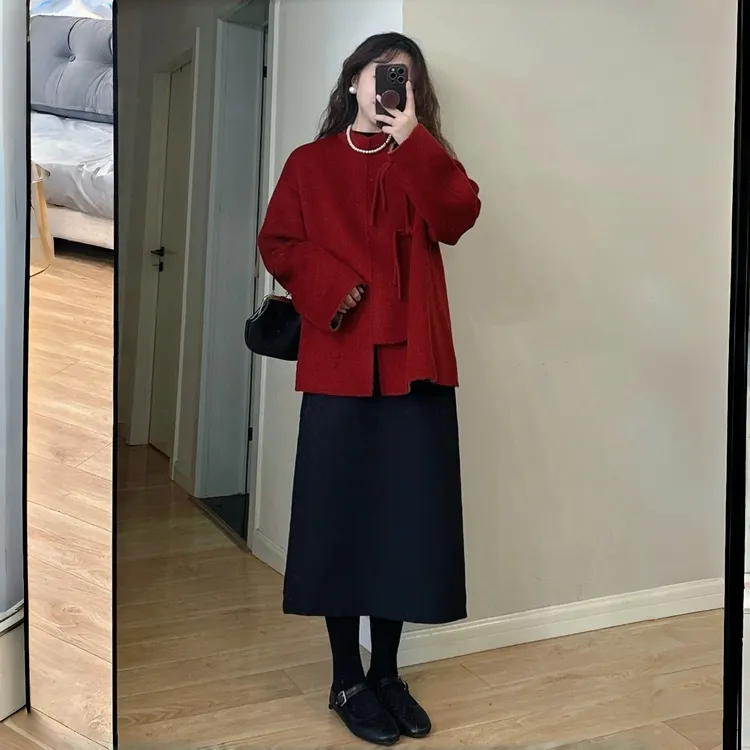 圣诞新年复古高级感红色毛呢外套女冬季小众洋气新中式国风呢大衣