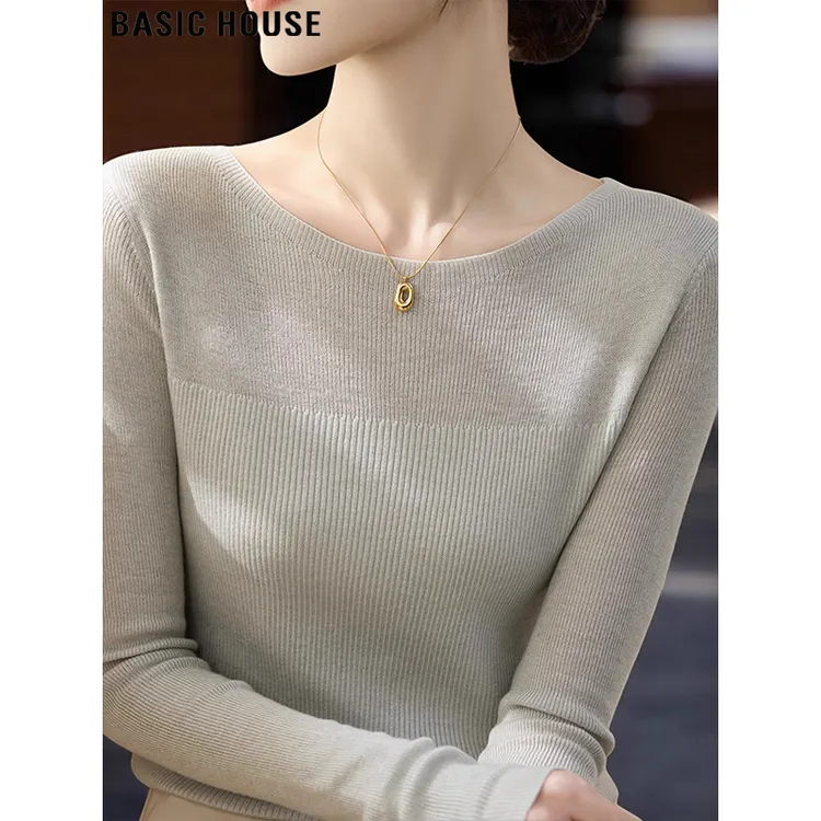 Basic House/百家好法式一字领针织衫女士早秋圆领修身内搭打底衫
