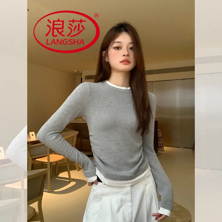 洋气爆款假两件t恤女内搭撞色齐腰盐系圆领拼接长袖打底衫上衣潮