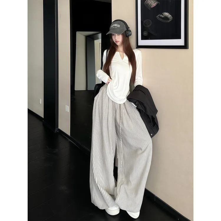美式辣妹后背镂空T恤上衣女秋季新款条纹宽松休闲阔腿长裤子套装