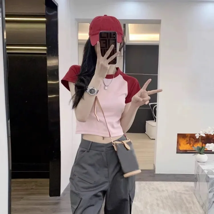 短袖女款爆款2025新款小个子显瘦洋气短款时尚休闲夏季假两件T恤