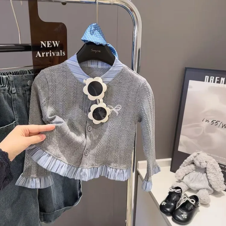 打底衫2025新款女童秋冬款开衫韩版毛衣可爱花边潮流纯色上衣