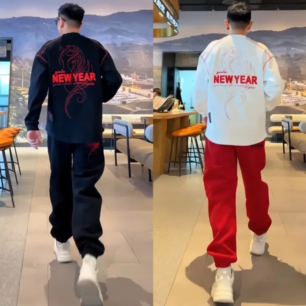 秋冬马年加绒刺绣圆领卫衣束脚休闲裤男时尚潮流百搭运动休闲套装