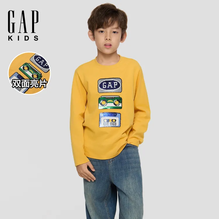 gap 童装男童秋季新款纯棉翻转亮片宽松长袖T恤装上衣 DR 805229