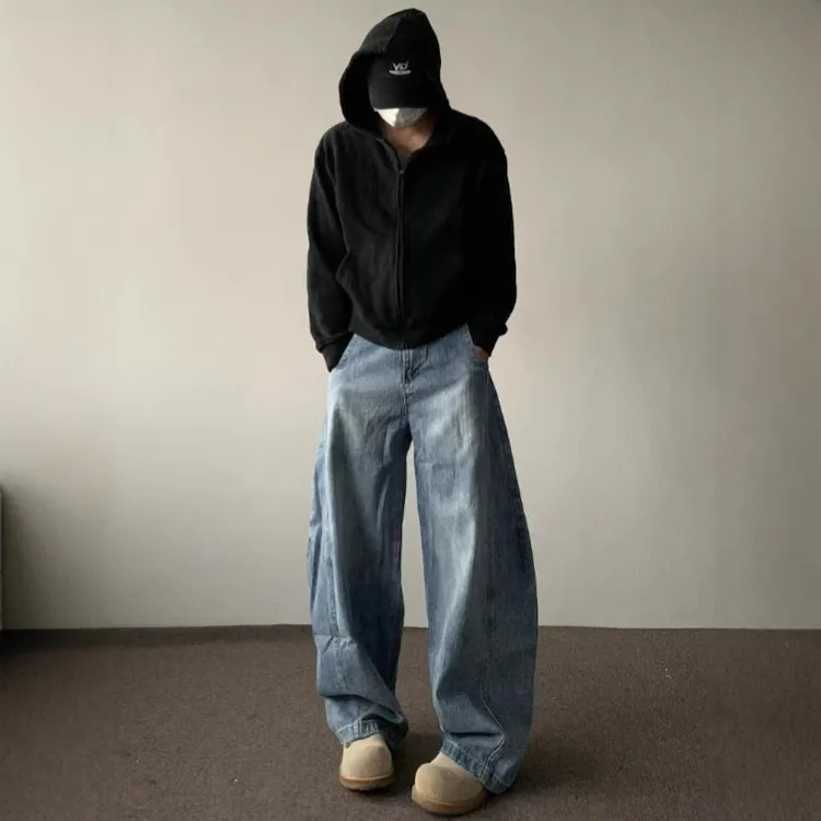 美式复古弯刀牛仔裤男女宽松小众设计感百搭情侣长裤子潮