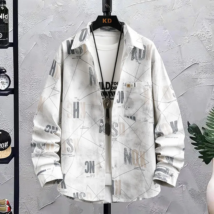 男士春秋宽松长袖字母口袋休闲衬衫90棉极简风格潮流韩版帅气百搭