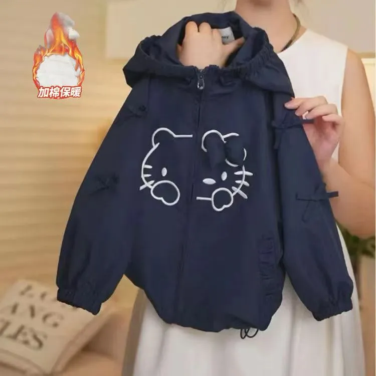 女童藏青色冲锋衣外套中大童秋冬季甜美蝴蝶结连帽卡通夹棉上衣