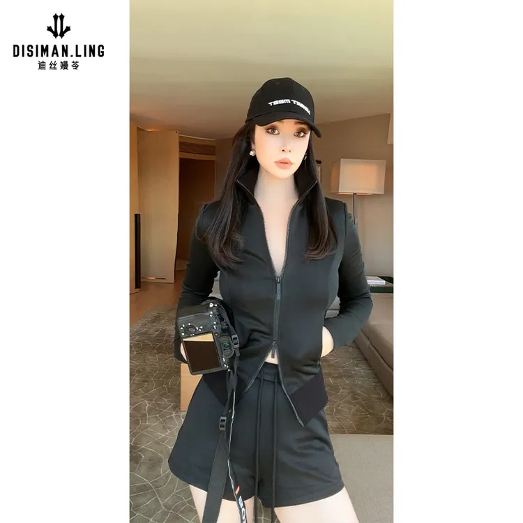 迪丝嫚苓黑色二件式套装时尚休闲女士修身立领长袖秋冬小众优雅感