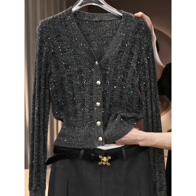 黑色v领毛衣开衫外套女士秋冬慵懒高级感宽松重工亮片针织衫上衣