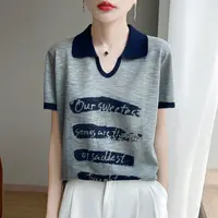 竹节麻翻领字母印花短袖t恤女休闲百搭显瘦小衫夏季新款灰色上衣
