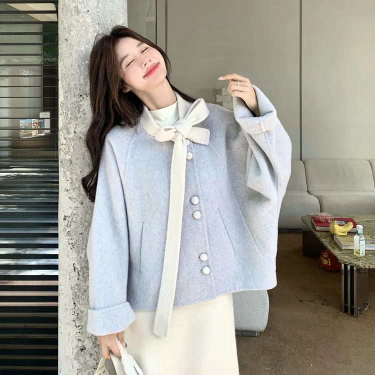 米灰色超好看双面羊毛外套女2025秋冬新款小个子显瘦短款毛呢大衣