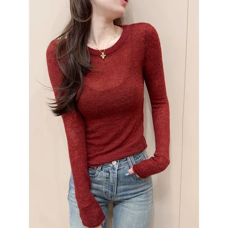 圆领内搭针织衫女秋冬季2025新款长袖打底衫套头时髦别致韩系上衣