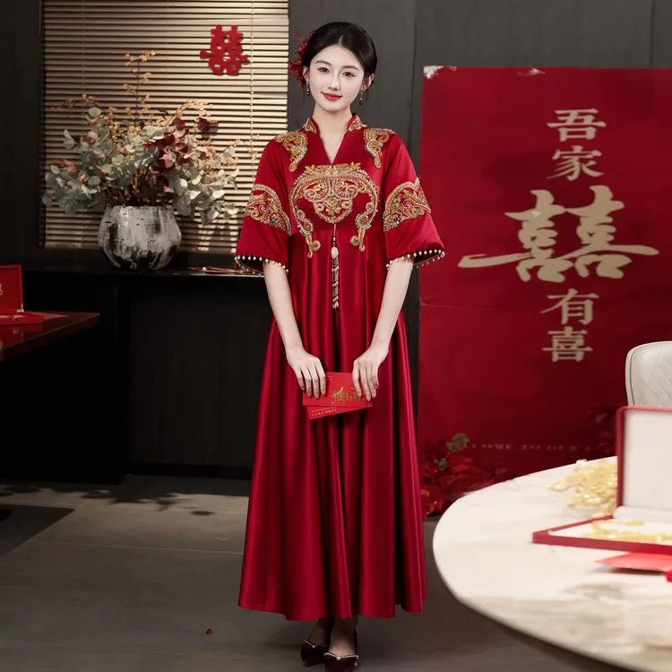 新款连身秀禾服中式敬酒服新娘红色孕妇穿遮肚子大码结婚婚纱礼服
