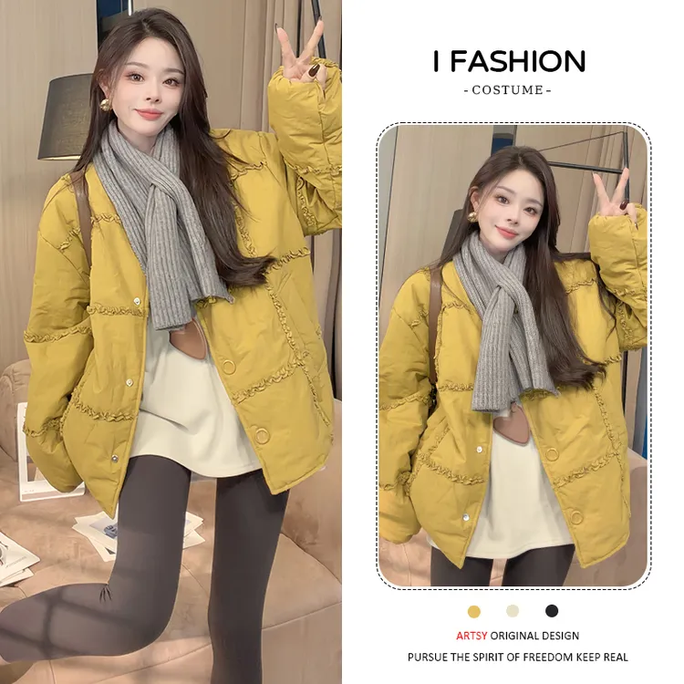 2025年冬季新款韩版时尚休闲宽松圆领长袖棉服女加棉保暖开衫上衣