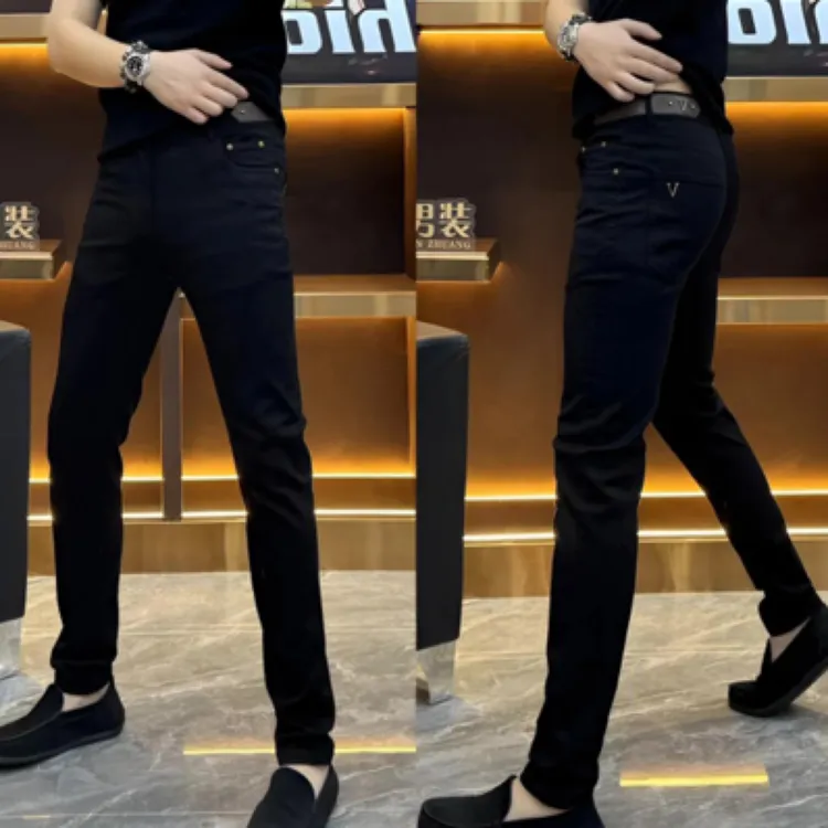 春夏秋季黑色男士修身新款牛仔裤休闲裤时尚潮流弹力百搭小脚长裤