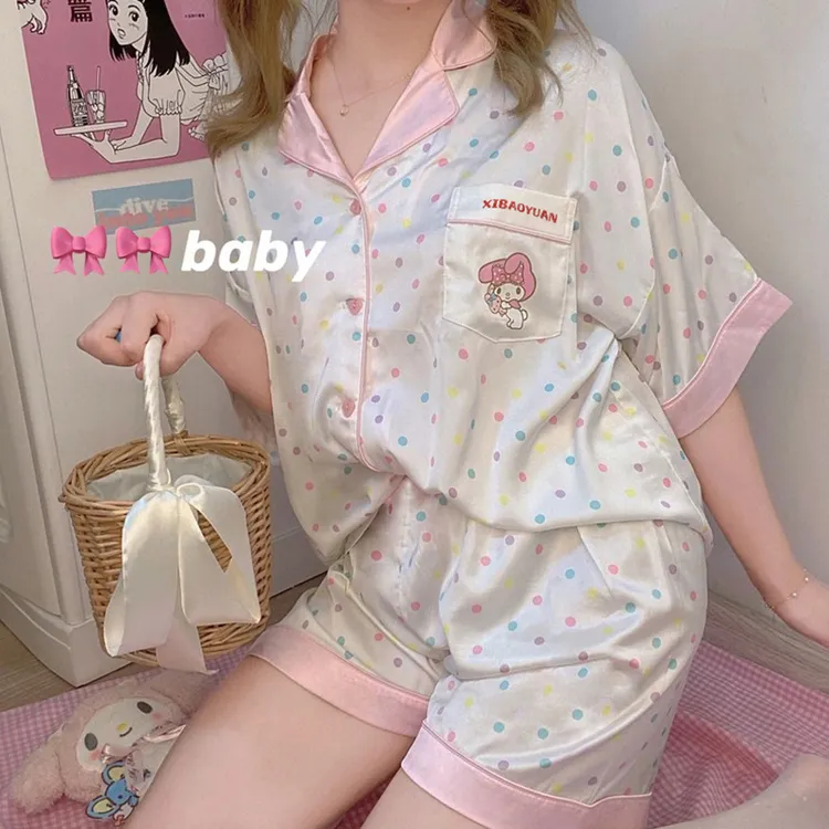 WONST美乐蒂睡衣女夏天冰丝短袖可爱甜美风宽松女孩家居服两件套