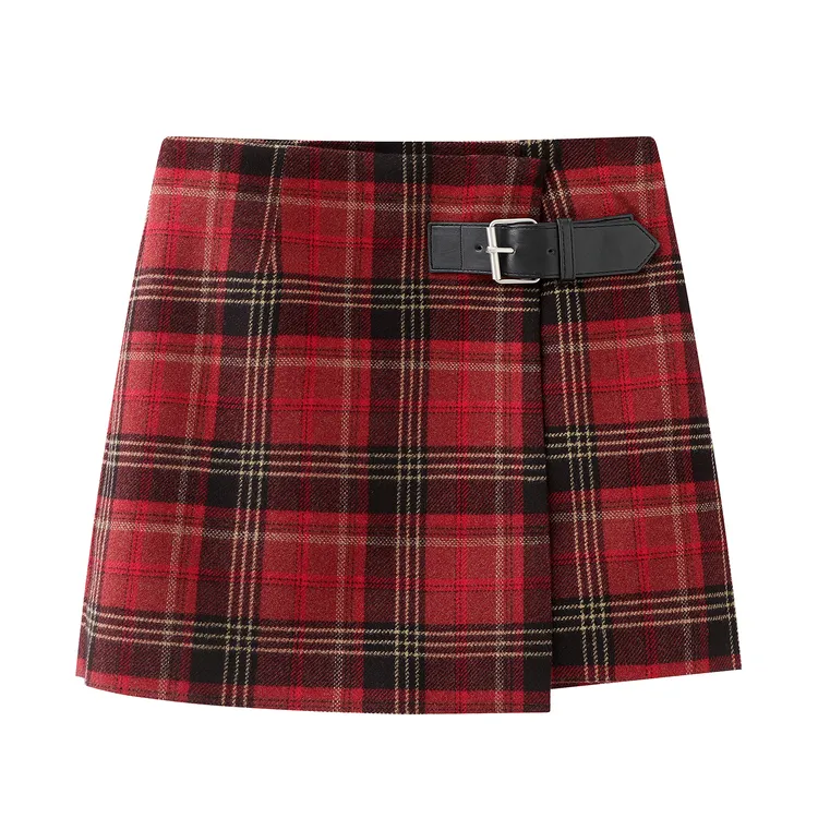 1509/0130复古格纹女装红色毛呢A字消费券用券好物女不规则半身裙