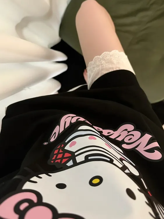 甜美可爱少女黑色kitty猫短袖睡衣女夏季新款套装大码显瘦家居服