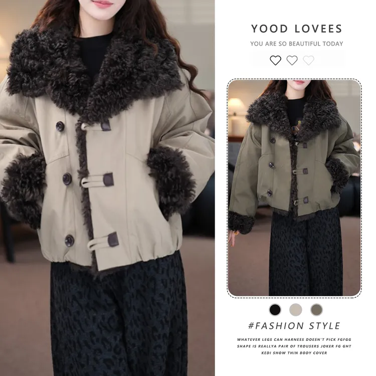 复古加厚撞色毛领棉服女2025冬季新款小个子时尚百搭保暖洋气外套