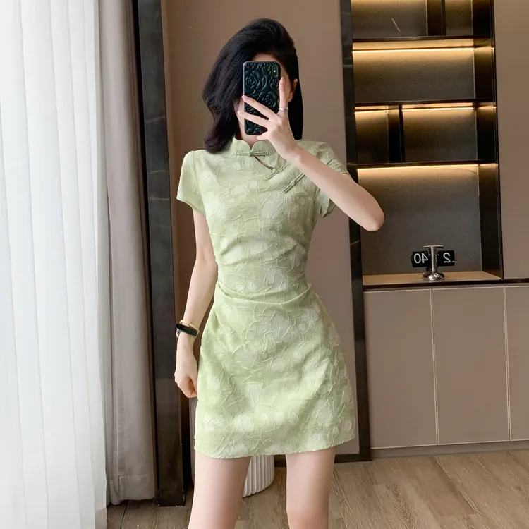 新中式复古气质改良旗袍裙女小个子夏季新款中国风盘扣绿色连衣裙