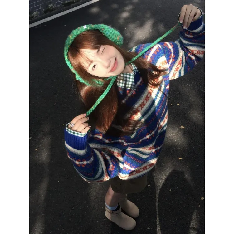 费尔岛复古圣诞毛衣女冬季新款慵懒风条纹针织衫宽松长袖软糯上衣