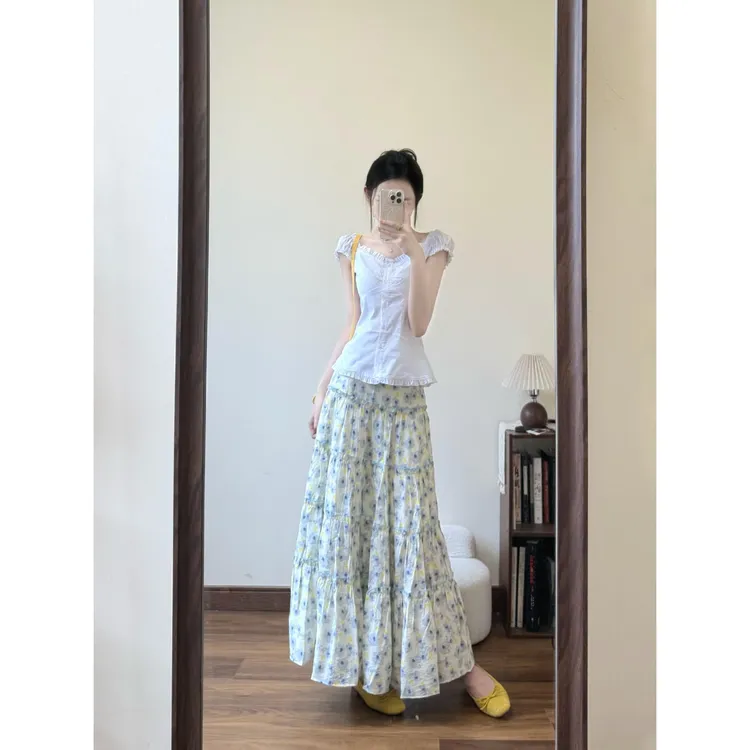 parkyeon法式辣妹修身荷叶边飞飞袖上衣高腰碎花蛋糕半身裙套装