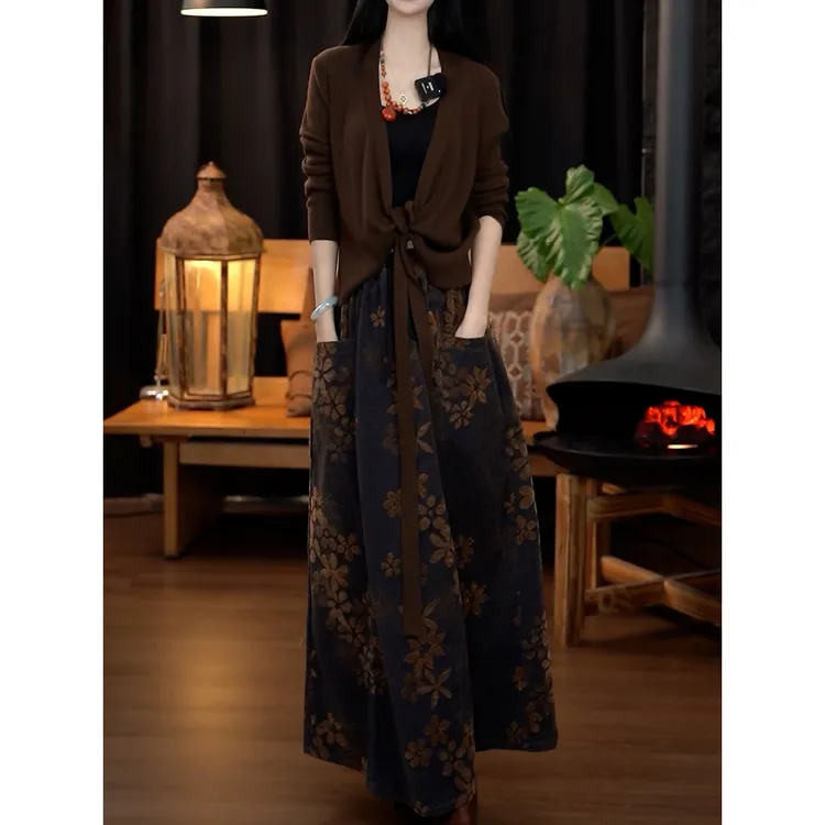 文艺复古民族风裙套装2025秋冬新款不规则绑带针织衫+印花半身裙