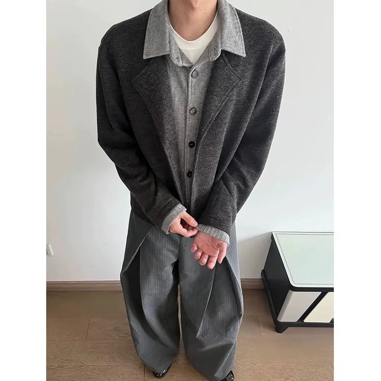 ClearForm花纱麦穗假两件开衫男慵懒风高级感针织衫毛衣翻领外套