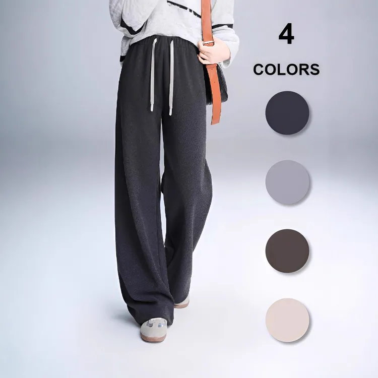 桑蚕丝绵羊毛加绒特厚松紧腰抽绳阔腿裤女外穿保暖显瘦高腰休闲裤