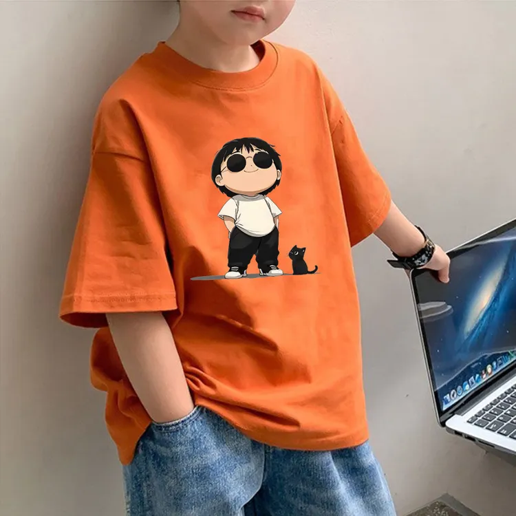 儿童卡通短袖夏季新款男童纯棉t恤中大童宽松半袖上衣墨镜男孩潮