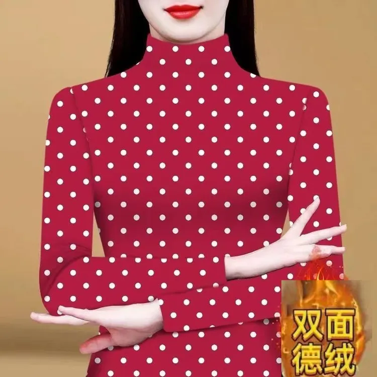春秋冬一体双面德绒加厚半高领波点女黑色女女打底衫新款