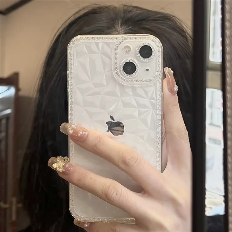 苹果14/12/13手机壳新款ins风透明闪钻菱格纹适用于14ProMax苹果x