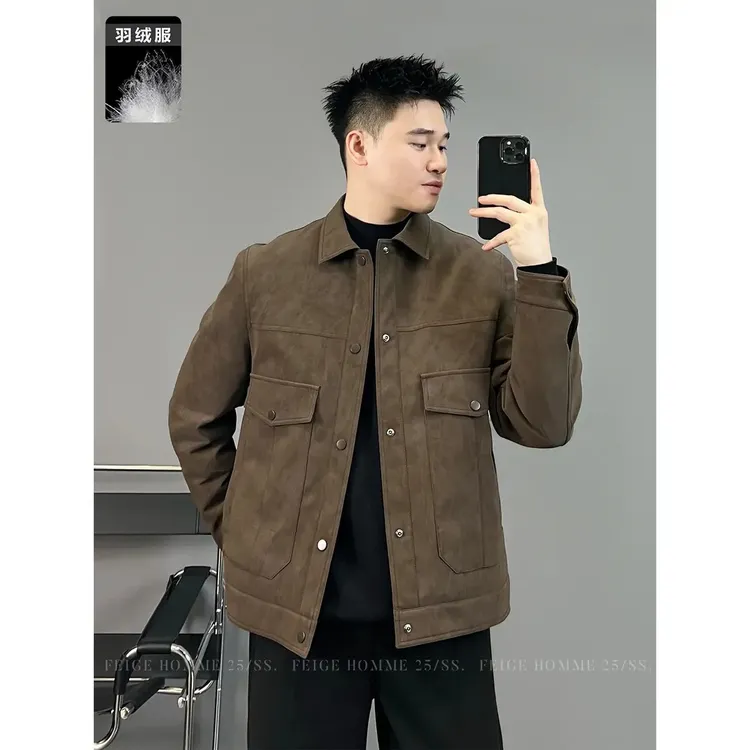 冬季羽绒/轻熟英伦保暖男时尚戴盖修身羽绒皮衣翻领夹外套8555