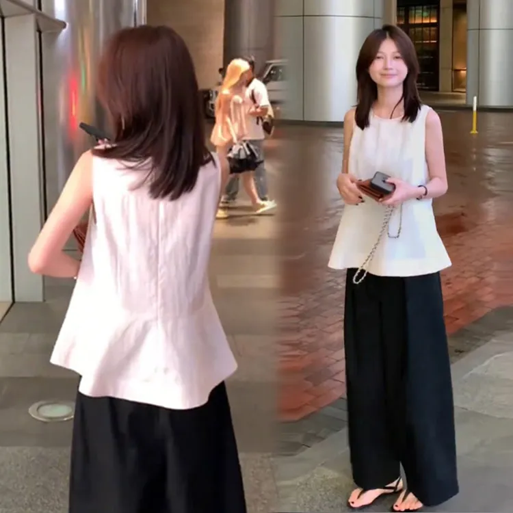 韩系减龄一整套慵懒穿搭女夏新款圆领无袖背心衬衫阔腿休闲裤套装