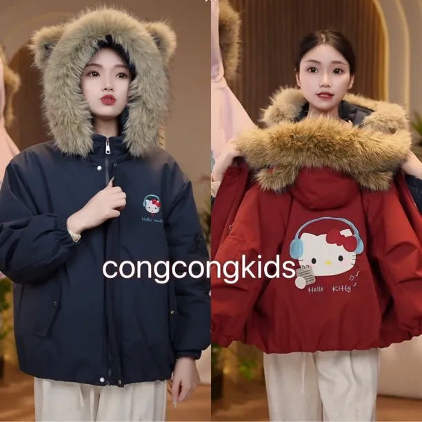 女童卡通加绒加厚年服韩版兔毛保暖外套时尚冬季新款亲子派克服