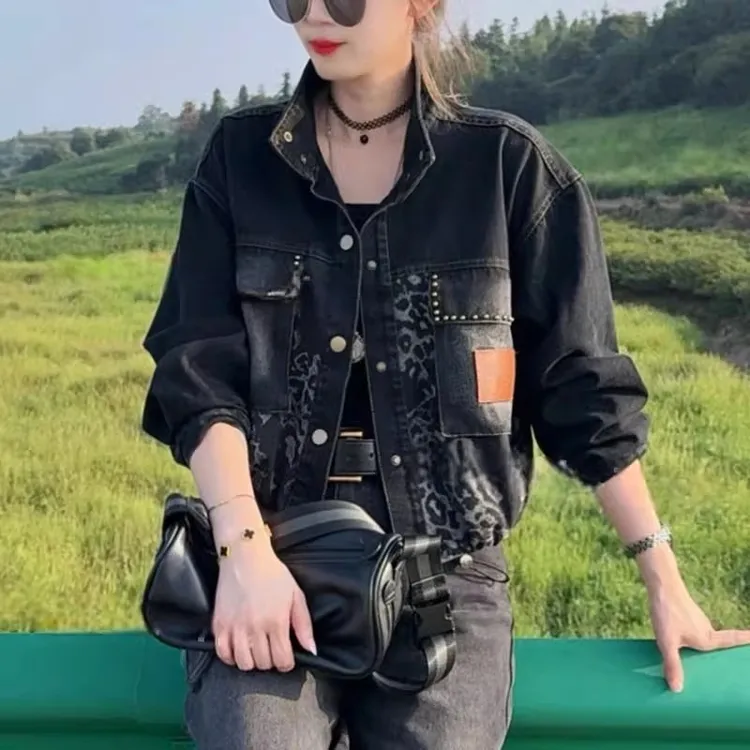 休闲牛仔外套女2025秋季新款韩版时尚豹纹拼色设计洋气百搭上衣潮