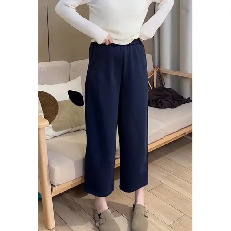 艾塔莉秋季新款女百搭休闲裤宽松时尚气质阔腿裤纯色松紧腰九分裤