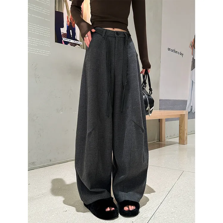毛呢裤女秋季2025新款高腰宽松西装阔腿裤直筒休闲弯刀裤拖地裤子
