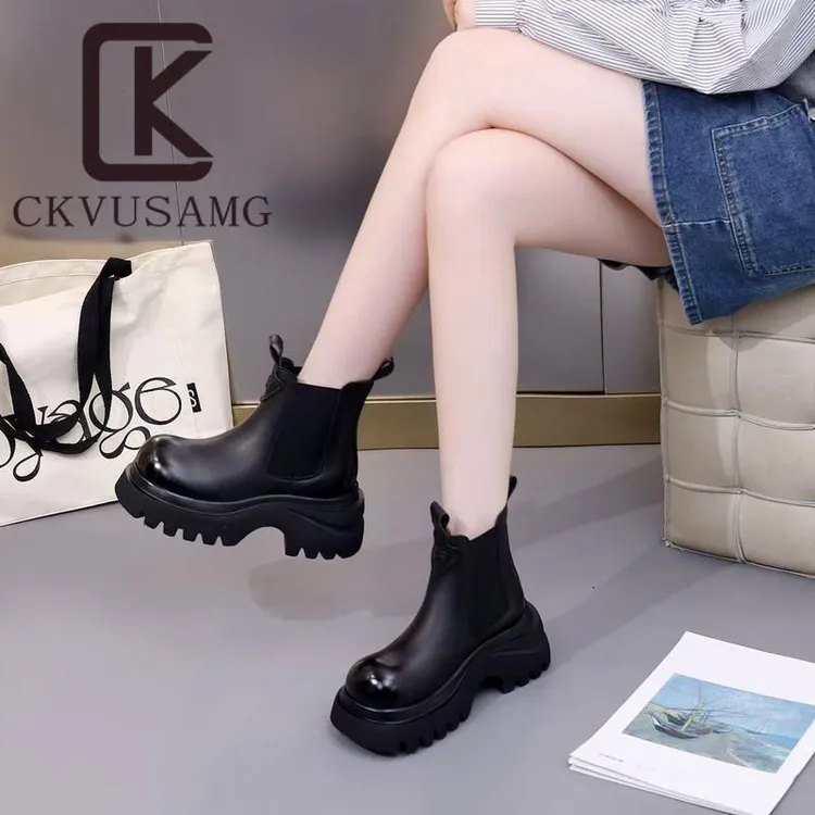 【万达撤柜】CKVUSAMG厚底增高切尔西烟筒靴女瘦瘦靴短靴2025年秋
