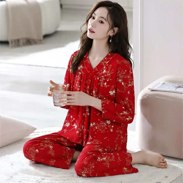 春秋季新款本命年大红色喜庆新婚结婚长袖睡衣女士家居服套装