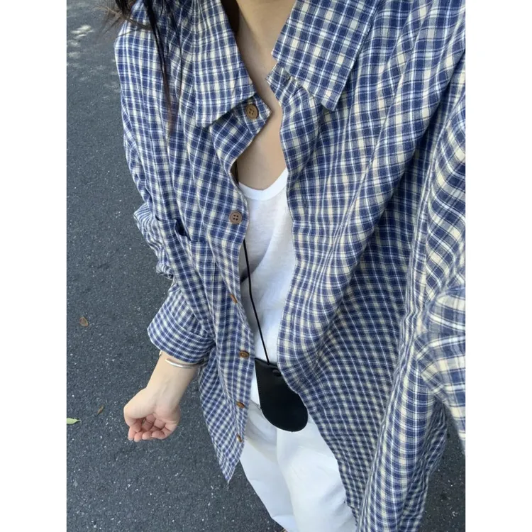 蓝色美式小格子长袖衬衫男款秋季学院风情侣衬衣潮牌休闲穿搭外套