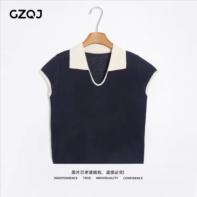 老琴私服 【彼岸双生】欧若风时尚气质显瘦撞色V领针织上衣女夏 807