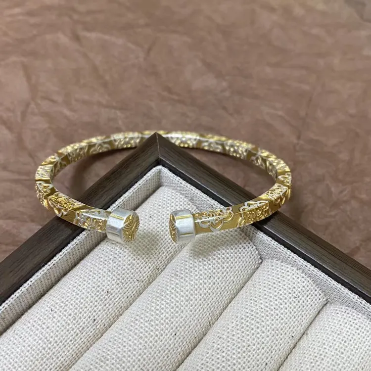 足银手镯 手工复古新国风描金宝相花对口方镯金色镯子正品女