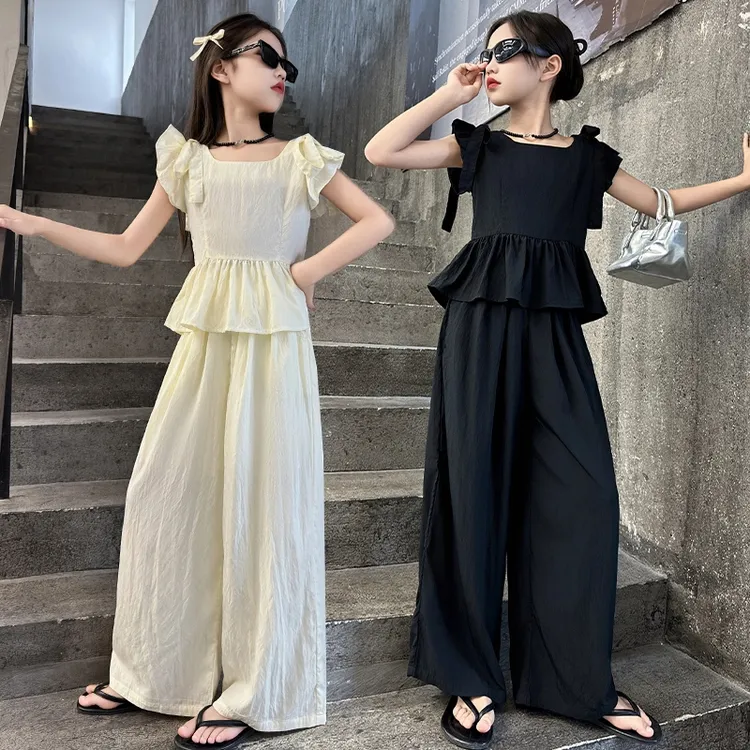 女童套装2024夏季新款韩版洋气时髦儿童短袖上衣阔腿裤6-12岁童装