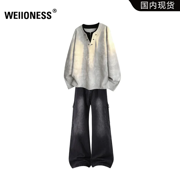 WEIIONESS假两件长袖T恤套装男秋季扎染上衣阔腿工装牛仔裤两件套