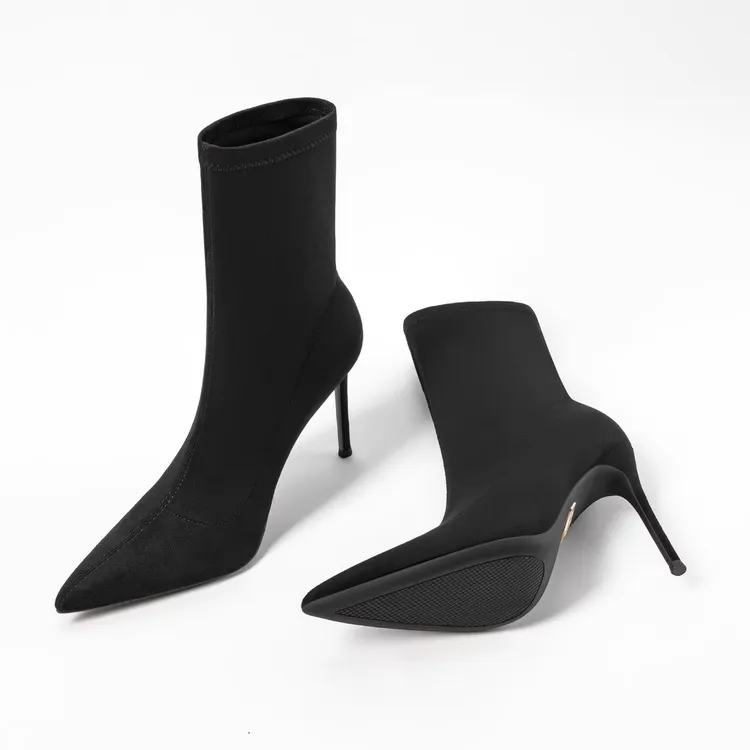 黑色短靴金标绒面2026新款秋冬季尖头细跟瘦瘦靴保暖百搭时尚女鞋