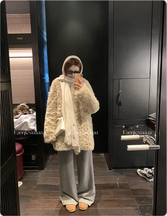 “顶流千金富人区3.0”大翻领毛绒外套女大衣中长款冬保暖黄油小熊