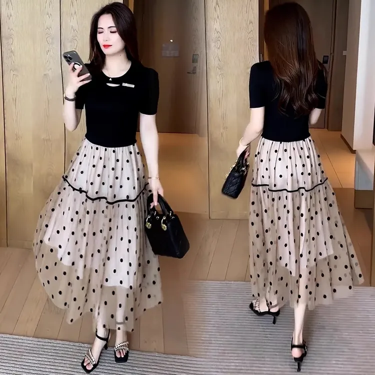 La babite 短袖连衣裙夏季新款洋气收腰显瘦假两件拼接波点网纱裙