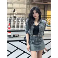 【viviA】复古港风显瘦显腿长时尚牛仔两件套套装5202