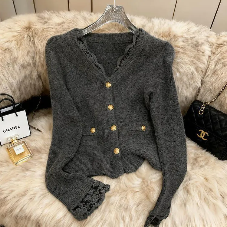 纯欲慵懒风女装灰色蕾丝花边针织衫早秋季新款高级感洋气长袖上衣